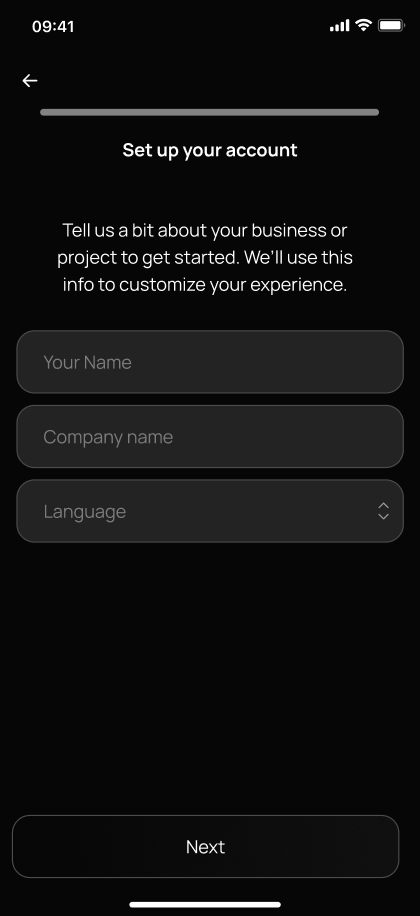 Account setup step in onboarding